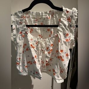 Doen White and Orange Floral Blouse